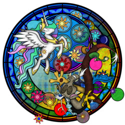 Size: 3600x3600 | Tagged: safe, artist:akili-amethyst, discord, princess celestia, g4, disney, dive to the heart, kingdom hearts, stained glass