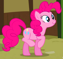Size: 562x526 | Tagged: safe, screencap, pinkie pie, earth pony, pony, g4, too many pinkie pies, cropped, cute, diapinkes, female, mare, nose wrinkle, ponk, raised hoof, raised leg, scrunchy face, solo