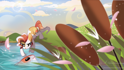 Size: 5000x2843 | Tagged: safe, artist:wicklesmack, oc, oc only, oc:pebbles, fish, female, filly, pond, solo, water