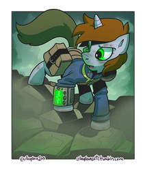 Size: 800x932 | Tagged: safe, artist:crikeydave, oc, oc only, oc:littlepip, pony, unicorn, fallout equestria, clothes, fanfic, fanfic art, female, jumpsuit, mare, pipboy, pipbuck, solo, vault suit
