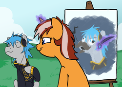 Size: 1000x714 | Tagged: safe, artist:professor-ponyarity, oc, oc only, pony, unicorn, artist, canvas, clothes, duo, easel, paintbrush, painting