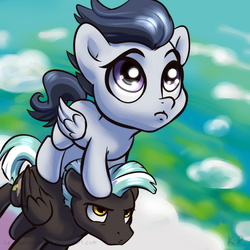 Size: 1500x1500 | Tagged: safe, artist:kp-shadowsquirrel, rumble, thunderlane, pegasus, pony, g4, brothers, cloud, cloudy, colt, cute, frown, male, pouting, rumblebetes, sad, stallion, standing on head, thunderbetes