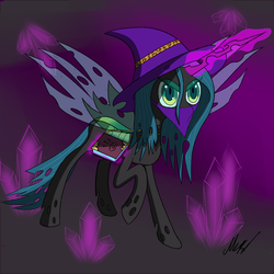 Size: 1024x1024 | Tagged: dead source, safe, artist:soveno, queen chrysalis, changeling, changeling queen, g4, female, hat, magic, solo, young