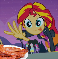 Size: 363x369 | Tagged: safe, edit, edited screencap, screencap, fluttershy, pinkie pie, rainbow dash, sunset shimmer, human, equestria girls, g4, my little pony equestria girls, bacon, boots, fall formal outfits, female, food, high heel boots, meat, meme, omnivore sunset, plate, sunset shimmer reaching for things, tongue out