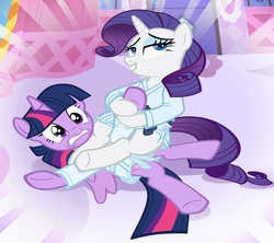 Size: 1179x1046 | Tagged: safe, artist:ponymaan, screencap, rarity, twilight sparkle, alicorn, pony, unicorn, g4, armbar, black belt, clothes, female, gi, gritted teeth, jujitsu, mare, martial artist rarity, martial arts, misleading thumbnail, out of context, pants, robe, twilight sparkle (alicorn)