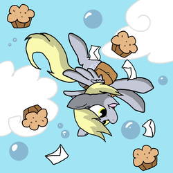 Size: 1800x1800 | Tagged: safe, artist:lordboop, derpy hooves, pegasus, pony, g4, bag, cloud, cloudy, female, flying, letter, mare, muffin, solo