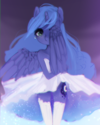 Size: 1280x1600 | Tagged: safe, artist:marinakirby, princess luna, anthro, g4, bare shoulders, chromatic aberration, clothes, crying, cute, dress, female, hiding, lunabetes, s1 luna, solo, stockings