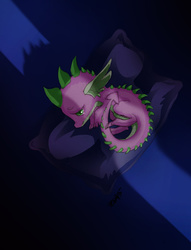 Size: 781x1022 | Tagged: safe, artist:opalacorn, spike, dragon, pony, unicorn, g4, crying, curled up, male, pillow, sad, solo