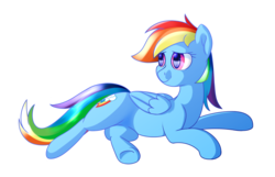 Size: 2800x1800 | Tagged: safe, artist:zapplebow, rainbow dash, g4, belly, foreshortening, happy, looking back, lying down, prone, simple background, sploot, underhoof