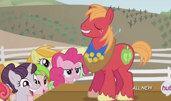 Size: 849x501 | Tagged: safe, edit, edited screencap, screencap, apple bumpkin, apple cobbler, apple honey, big macintosh, jonagold, marmalade jalapeno popette, pinkie pie, red gala, sugar belle, earth pony, pony, filli vanilli, g4, the cutie map, >:d, apple family member, belleface, creeper, crowd, faic, female, grin, happy, hilarious in hindsight, hub logo, male, photoshop, smiling, smirk, stage, stalker, stalking, stallion, the hub