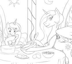 Size: 540x481 | Tagged: safe, artist:nauth, princess celestia, princess luna, g4, birthday, cake, castle of the royal pony sisters, lauren faust, monochrome