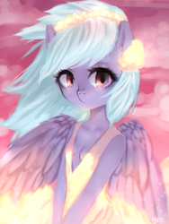 Size: 1200x1600 | Tagged: safe, artist:marinakirby, cloudchaser, anthro, g4, absolute cleavage, blushing, breasts, cleavage, clothes, cloud, cutechaser, dress, female, sideboob, solo, windswept mane