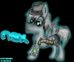 Size: 3000x2500 | Tagged: safe, artist:proto-dash, oc, oc only, oc:nex, fedora, green eyes, gun, hat, high res, solo, watch