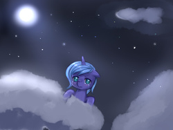 Size: 1024x768 | Tagged: artist needed, safe, princess luna, g4, cloud, cloudy, crying, female, filly, pixiv, solo, woona