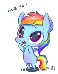 Size: 1000x1283 | Tagged: safe, artist:mrs1989, rainbow dash, pegasus, pony, g4, blushing, chibi, cute, dashabetes, dialogue, female, hug request, open mouth, solo, weapons-grade cute