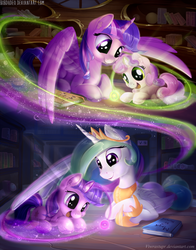 Size: 1729x2200 | Tagged: safe, artist:bobdude0, artist:viwrastupr, princess celestia, sweetie belle, twilight sparkle, alicorn, pony, unicorn, g4, collaboration, cute, cutelestia, diasweetes, female, filly, magic, mare, sweetie belle's magic brings a great big smile, twiabetes, twilight sparkle (alicorn)