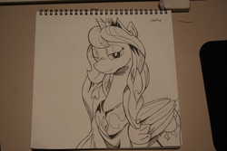 Size: 1355x907 | Tagged: safe, artist:cs, princess celestia, g4, female, monochrome, solo, traditional art