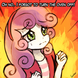 Size: 750x750 | Tagged: safe, artist:lumineko, sweetie belle, equestria girls, g4, female, fire, pyro belle, sad, solo, sweat, sweetie fail, this will end in fire, wavy mouth