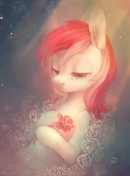 Size: 3400x4600 | Tagged: safe, artist:shedence, roseluck, earth pony, pony, g4, abstract background, beautiful, bedroom eyes, bust, featured image, female, flower, high res, hoof hold, lidded eyes, portrait, rose, smiling, solo