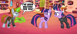 Size: 1545x679 | Tagged: safe, twilight sparkle, oc, oc:littlepip, pony, unicorn, fallout equestria, g4, it's about time, book, bookshelf, clothes, fallout, fanfic, fanfic art, female, future twilight, glowing horn, golden oaks library, gun, handgun, hooves, horn, jumpsuit, levitation, little macintosh, magic, mare, optical sight, pipbuck, revolver, saddle bag, sonic reference in comments, speech bubble, teeth, telekinesis, terminator, time travel, time travelers, unicorn twilight, vault suit, weapon