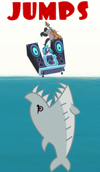 Size: 656x1127 | Tagged: safe, dj pon-3, jumpy the shark, octavia melody, vinyl scratch, shark, g4, slice of life (episode), jaws, jumping the shark, meta, movie poster