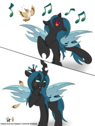 Size: 3000x4000 | Tagged: safe, artist:joey darkmeat, artist:wodahseht, color edit, queen chrysalis, bird, changeling, changeling queen, nymph, g4, :3, :t, adoracreepy, bedroom eyes, blushing, chrysalispred, creepy, cute, cutealis, dark comedy, eaten alive, eating, fangs, feather, female, high res, music notes, nose in the air, open mouth, predation, raised hoof, raised leg, simple background, singing, smiling, solo, transparent background, vore, younger