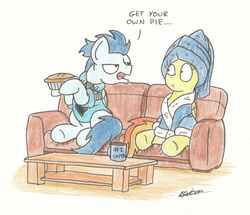 Size: 1830x1574 | Tagged: safe, artist:bobthedalek, soarin', spitfire, pegasus, pony, g4, bathrobe, clothes, couch, female, male, mug, pie, ship:soarinfire, shipping, shirt, sitting, straight, that pony sure does love pies, towel, traditional art, wonderbolts dress uniform