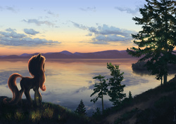 Size: 4961x3508 | Tagged: safe, artist:hunternif, oc, oc only, earth pony, firefly (insect), pony, absurd resolution, detailed, dusk, evening, lake, scenery, solo, sunset, tree, twilight (astronomy)
