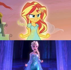 Size: 1280x1253 | Tagged: safe, sunset shimmer, equestria girls, g4, my past is not today, comparison, contrast, discussion, elsa, fire, frozen (movie), ice, let it go, magic, not fiery shimmer