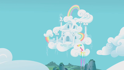 Size: 1280x720 | Tagged: safe, screencap, rainbow dash, g4, swarm of the century, cloud, cloud house, house, mountain, rainbow, rainbow dash's house, rainbow waterfall, scenery