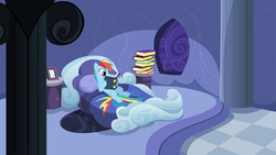 Size: 1280x720 | Tagged: safe, screencap, rainbow dash, g4, read it and weep, bed, bedroom, book, female, rainbow dash's bedroom, rainbow dash's house, reading, solo