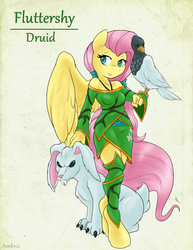 Size: 2550x3300 | Tagged: safe, artist:ambris, angel bunny, fluttershy, bird, pegasus, rabbit, anthro, unguligrade anthro, adventuring is magic, g4, breasts, clothes, colored pupils, delicious flat chest, druid, fantasy class, female, flattershy, flutterdruid, fluttertamer, high res, looking at you, multiple variants, smiling, solo