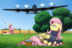 Size: 3900x2580 | Tagged: safe, artist:mrscroup, fluttershy, lily, lily valley, roseluck, earth pony, pegasus, pony, equestria at war mod, g4, aircraft, avro lancaster, basket, bomber, bottomless, clothes, england, high res, lancaster, low pass, partial nudity, picnic basket, picnic blanket, plane, royal air force, sweater, sweatershy, turtleneck, world war ii