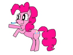 Size: 628x477 | Tagged: safe, artist:pucksharkfighter101, pinkie pie, g4, female, happy birthday, paint, party horn, rearing, solo