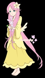 Size: 500x859 | Tagged: safe, artist:zune-chan, angel bunny, fluttershy, human, g4, :<, barefoot, feet, flower, flower in hair, humanized, looking at you