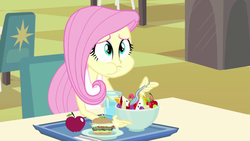 Size: 1600x900 | Tagged: safe, screencap, fluttershy, equestria girls, g4, apple, burger, female, left handed, salad, solo