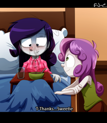 Size: 782x900 | Tagged: safe, artist:fj-c, rarity, sweetie belle, equestria girls, g4, belle sisters, breakfast in bed, burned, caring for the sick, clothes, cold, cooking, duo, food, pajamas, red nosed, siblings, sick, sisters, sweetie belle can't cook, sweetie fail
