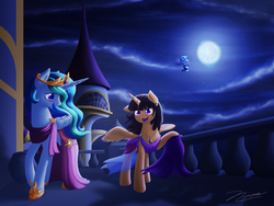 Size: 3200x2400 | Tagged: safe, artist:novaintellus, princess celestia, princess luna, oc, oc:spring beauty, alicorn, pony, g4, alicorn oc, duo focus, high res, moon, night