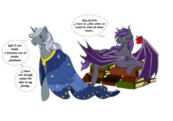 Size: 3485x2460 | Tagged: safe, artist:westphalianartist, star swirl the bearded, oc, oc:starless night, bat pony, pony, unicorn, g4, apple, book, book fort, cape, claw, cloak, clothes, comic, dracula, duo, eating, high res, male, stallion, starswirl the unbearded, tomes, wings, younger, youth