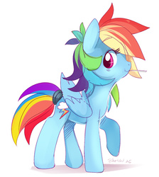 Size: 650x725 | Tagged: safe, artist:ende26, rainbow dash, pegasus, pony, g4, alternate hairstyle, cute, dashabetes, female, looking at you, mare, raised hoof, simple background, smiling, solo, tail wrap, white background