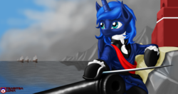 Size: 2048x1080 | Tagged: safe, artist:tsaritsaluna, princess luna, g4, building, cannon, clothes, female, fine art parody, mountain, navy, peter the great, russia, sash, ship, solo, sword, water