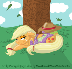 Size: 1161x1116 | Tagged: safe, artist:moominded, artist:pineapplejoey, applejack, spike, dragon, earth pony, pony, g4, accessory swap, colored, cute, female, male, mare, ship:applespike, shipping, sleeping, straight, tree