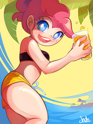 Size: 1280x1705 | Tagged: safe, artist:chch, pinkie pie, human, g4, beach, bikini, clothes, cute, female, glass, humanized, juice, looking at you, smiling, solo, summer, swimsuit
