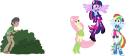 Size: 7510x3364 | Tagged: safe, artist:shadyhorseman, fluttershy, rainbow dash, twilight sparkle, oc, oc:rock star, human, equestria girls, g4, :o, ben 10, blue's clues, bush, clothes, eared humanization, green shirt, hiding, hilarious in hindsight, male, not quibble pants, omnitrix, ponied up, reference, shirt, simple background, smiling, steve (blue's clues), striped shirt, surprised, transparent background, twilight can't fly, vector, winged humanization, wings, worried