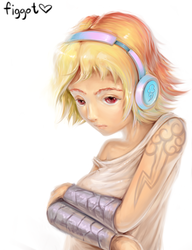 Size: 534x694 | Tagged: safe, artist:figgot, rainbow dash, human, g4, bracer, female, headphones, humanized, natural hair color, solo, tattoo