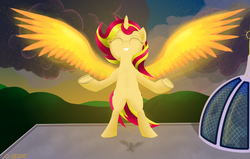 Size: 5500x3500 | Tagged: safe, artist:darkdrium777, sunset shimmer, alicorn, pony, unicorn, g4, my past is not today, alicornified, belly button, bipedal, both cutie marks, cloud, cloudy, female, fiery shimmer, grin, happy, magic, race swap, rooftop, shimmercorn, smiling, solo, sunset, sunset phoenix, wings