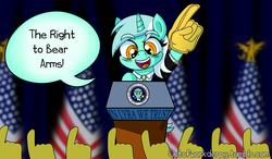 Size: 1280x748 | Tagged: safe, artist:outofworkderpy, lyra heartstrings, pony, unicorn, g4, american flag, arms, bear arms, bipedal, clothes, female, foam finger, in lyra we trust, mare, necktie, podium, president, pun, solo, stage, suit, united states