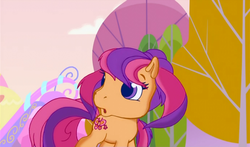 Size: 740x435 | Tagged: safe, screencap, scootaloo (g3), earth pony, pony, g3, g3.5, twinkle wish adventure, female, mane, solo, surprised, tree