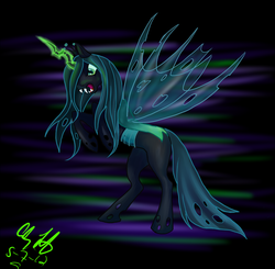 Size: 800x783 | Tagged: safe, artist:makomaragi, queen chrysalis, changeling, changeling queen, g4, crown, fangs, female, jewelry, magic, regalia, signature, solo