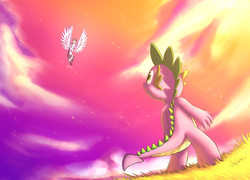 Size: 3727x2687 | Tagged: safe, artist:otakuap, spike, twilight sparkle, alicorn, pony, g4, beautiful, female, flying, high res, mare, smiling, spread wings, twilight sparkle (alicorn)